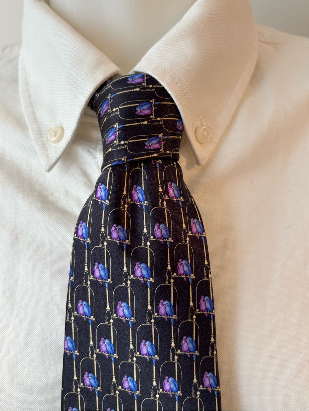Vintage Faberge 100% Silk Tie Bird Cage Pattern Black Purple Des. n. 144